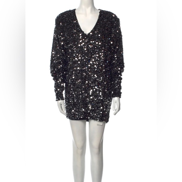 ROTATE Birger Christensen Masha V-Neck Black Silver Sequin Dress Paillette sz M